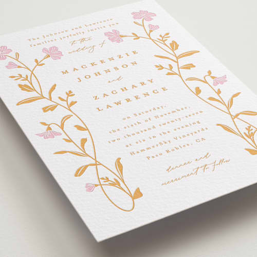 This is a saffron | peony letterpress wedding invitations with letterpress by Everett Paper Goods called mirror floral printing on white cotton in standard