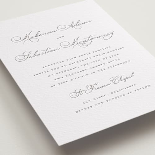 This is a graphite letterpress wedding invitations with letterpress by Wildfield Paper Co called love letters printing on white cotton in standard