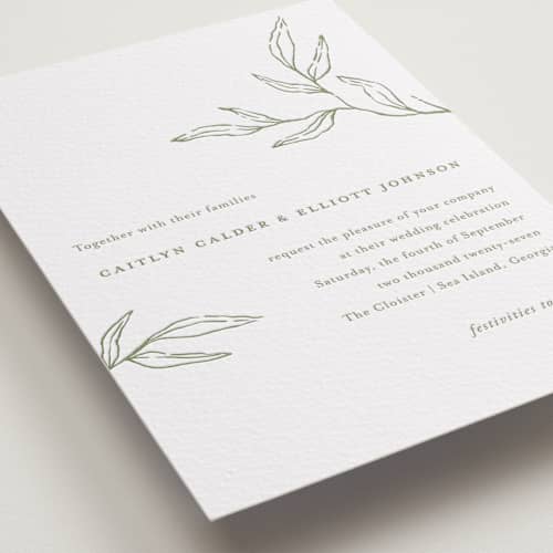This is a olive letterpress wedding invitations with letterpress by Oscar and Emma - Karly Depew called amidst nature printing on white cotton in standard