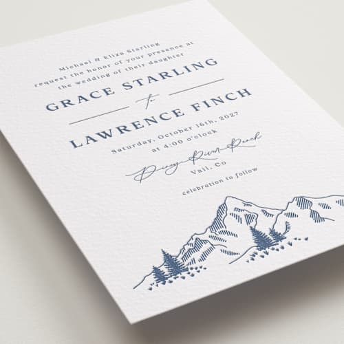 This is a blueberry letterpress wedding invitations with letterpress by Olivia Raufman called arête printing on white cotton in standard
