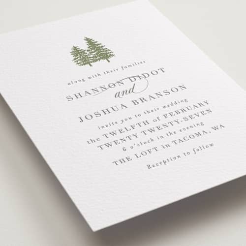 This is a olive letterpress wedding invitations with letterpress by Itsy Belle Studio called evergreens printing on white cotton in standard