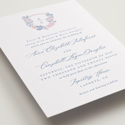 This is a slate letterpress wedding invitations with letterpress by Olivia Raufman called flourishing crest printing on white cotton in standard