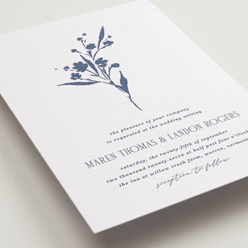 This is a blueberry letterpress wedding invitations with letterpress by Kate Ahn called helena printing on white cotton in standard