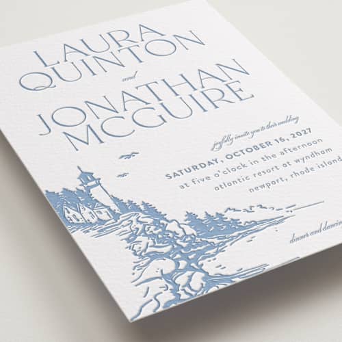 This is a pacific blue letterpress wedding invitations with letterpress by Tennie and Co. called the cliff printing on white cotton in standard