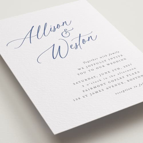 This is a lapis letterpress wedding invitations with letterpress by Hooray Creative called statement names printing on white cotton in standard