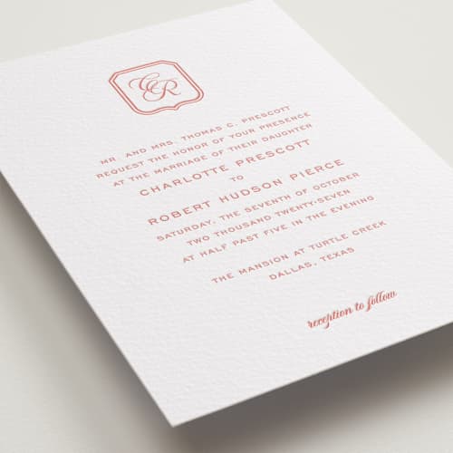 This is a grapefruit letterpress wedding invitations with letterpress by Megan Davis called bowery printing on white cotton in standard