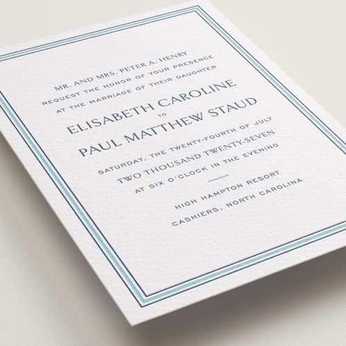 This is a robin's egg | blueberry letterpress wedding invitations with letterpress by Megan Davis called beaufort printing on white cotton in standard