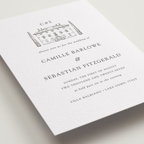 This is a graphite letterpress wedding invitations with letterpress by Melinda Denison called italian countryside printing on white cotton in standard