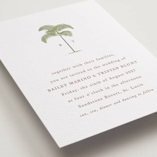 This is a olive letterpress wedding invitations with letterpress by Melinda Denison called palm printing on white cotton in standard