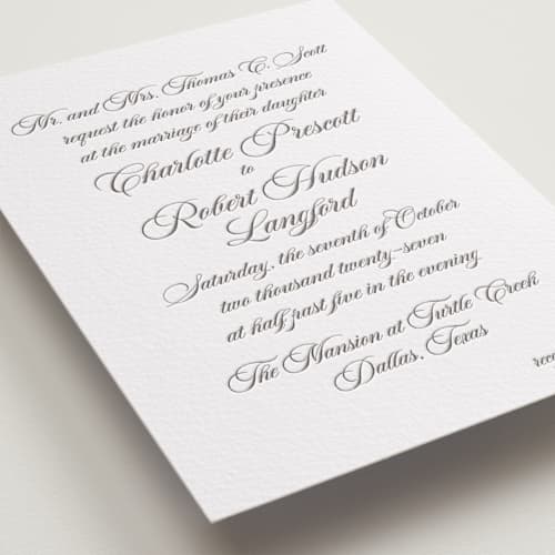 This is a graphite letterpress wedding invitations with letterpress by Megan Davis called lowcountry printing on white cotton in standard