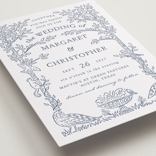 This is a blueberry letterpress wedding invitations with letterpress by Paper Sun Studio called whimsical woodland printing on white cotton in standard
