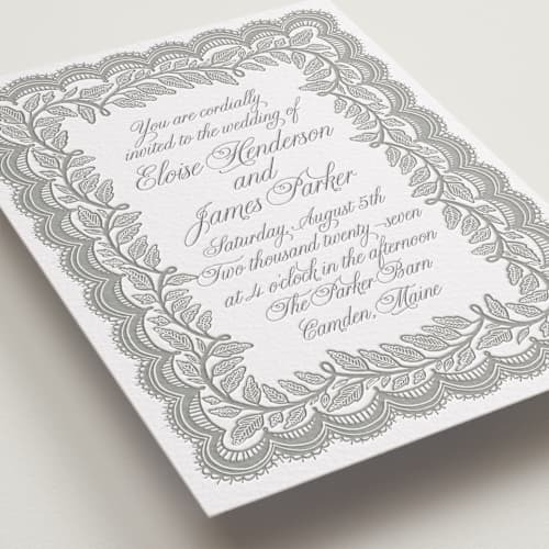 This is a smoke letterpress wedding invitations with letterpress by Katharine Watson called bridal veil printing on white cotton in standard