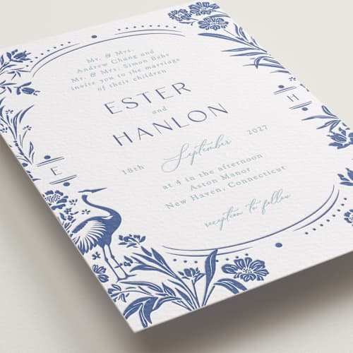 This is a lapis | robin's egg letterpress wedding invitations with letterpress by Corinne Malesic called porcelain garden printing on white cotton in standard