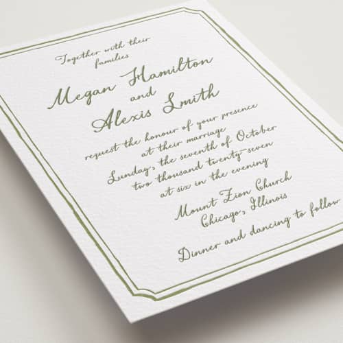 This is a artichoke letterpress wedding invitations with letterpress by Cass Loh called handwritten printing on white cotton in standard