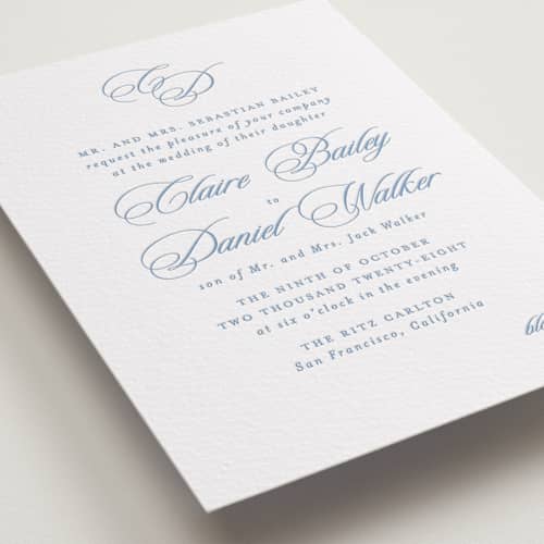 This is a pacific blue letterpress wedding invitations with letterpress by Creo Study called aristocratic printing on white cotton in standard