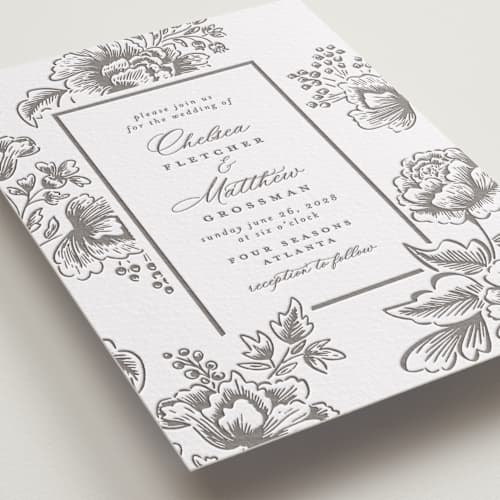 This is a graphite letterpress wedding invitations with letterpress by Chris Griffith called wedding press printing on white cotton in standard