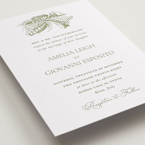 This is a olive letterpress wedding invitations with letterpress by Lucrecia Caporale called vineyard elegance printing on white cotton in standard