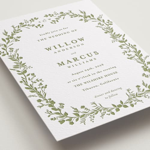 This is a olive letterpress wedding invitations with letterpress by Susan Moyal called greenery vine printing on white cotton in standard