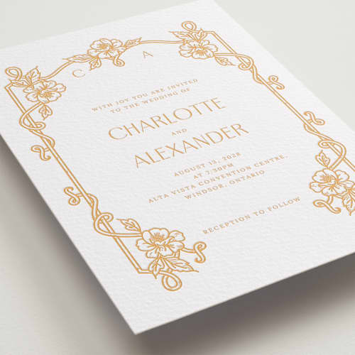 This is a saffron letterpress wedding invitations with letterpress by Selima Akhter called nouveau peony printing on white cotton in standard