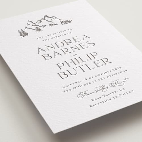 This is a graphite letterpress wedding invitations with letterpress by Lucrecia Caporale called mountain serenity printing on white cotton in standard
