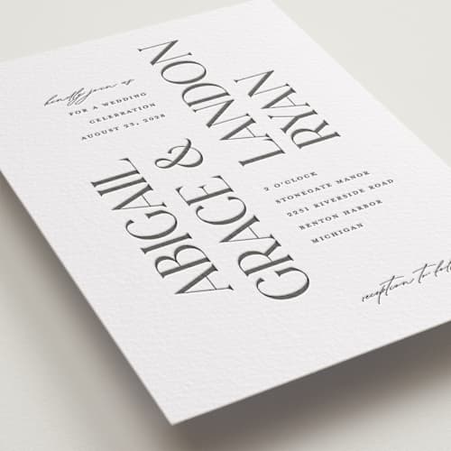 This is a soft black letterpress wedding invitations with letterpress by Pixel and Hank called tallest printing on white cotton in standard