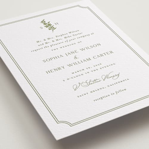 This is a olive letterpress wedding invitations with letterpress by Yaling Hou Suzuki called simply elegant printing on white cotton in standard