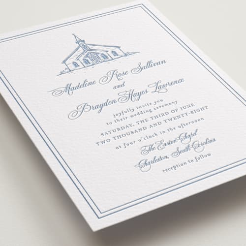 This is a pacific blue letterpress wedding invitations with letterpress by Melinda Denison called the chapel printing on white cotton in standard