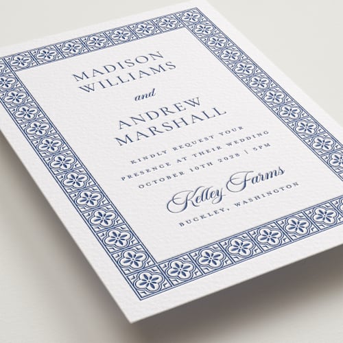 This is a lapis letterpress wedding invitations with letterpress by Angela Garrick called tiled printing on white cotton in standard
