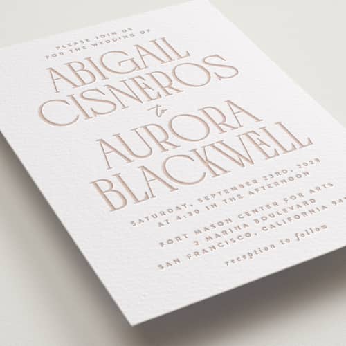 This is a sandstone letterpress wedding invitations with letterpress by JoAnn Jinks called title printing on white cotton in standard