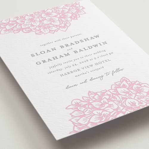 This is a peony | granite letterpress wedding invitations with letterpress by Paula Pecevich called hydrangea blooms printing on white cotton in standard
