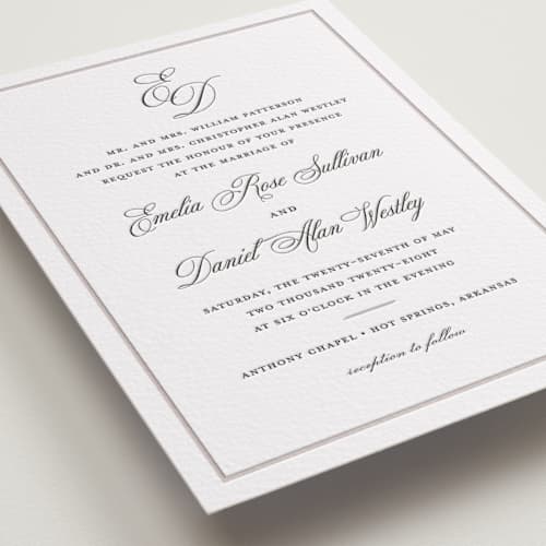 This is a soft black letterpress wedding invitations with letterpress by Melinda Denison called royal printing on white cotton in standard