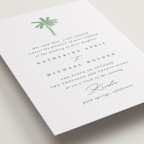 This is a fern letterpress wedding invitations with letterpress by Creo Study called iconic printing on white cotton in standard