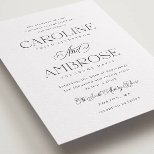 This is a soft black letterpress wedding invitations with letterpress by Olivia Raufman called ambrose printing on white cotton in standard