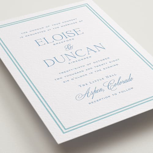 This is a marine blue letterpress wedding invitations with letterpress by chocomocacino called ricciarelli printing on white cotton in standard