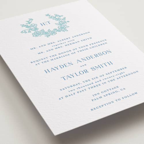 This is a robin's egg | marine blue letterpress wedding invitations with letterpress by Cass Loh called flowers monogram printing on white cotton in standard