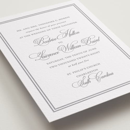 This is a graphite letterpress wedding invitations with letterpress by Megan Davis called bradford printing on white cotton in standard