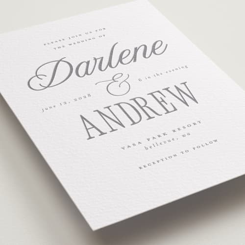 This is a smoke letterpress wedding invitations with letterpress by Vera Lim called icon printing on white cotton in standard