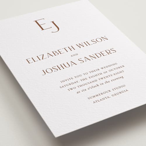 This is a burnt sienna letterpress wedding invitations with letterpress by Vanessa Doyle called chic printing on white cotton in standard