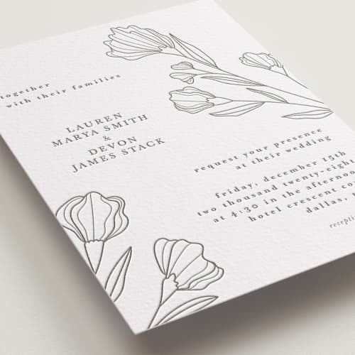 This is a graphite letterpress wedding invitations with letterpress by Deynaaz Daraei called bouvardia printing on white cotton in standard