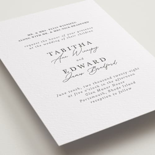 This is a soft black letterpress wedding invitations with letterpress by Tamara Hilje called modern classic printing on white cotton in standard