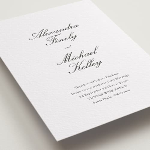 This is a soft black letterpress wedding invitations with letterpress by Ani Somi called finely printing on white cotton in standard