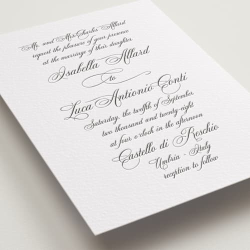 This is a soft black letterpress wedding invitations with letterpress by Benita Crandall called palazzo printing on white cotton in standard