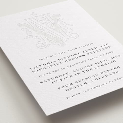 This is a soft black letterpress wedding invitations with letterpress by Jenna Holcomb called classically printing on white cotton in standard