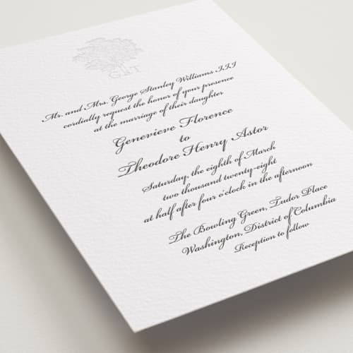 This is a soft black | blind deboss letterpress wedding invitations with letterpress by Clover and Lamb called astor elegance printing on white cotton in standard