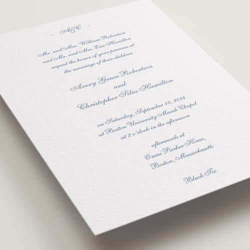 This is a pacific blue letterpress wedding invitations with letterpress by Blustery August called villa printing on white cotton in standard