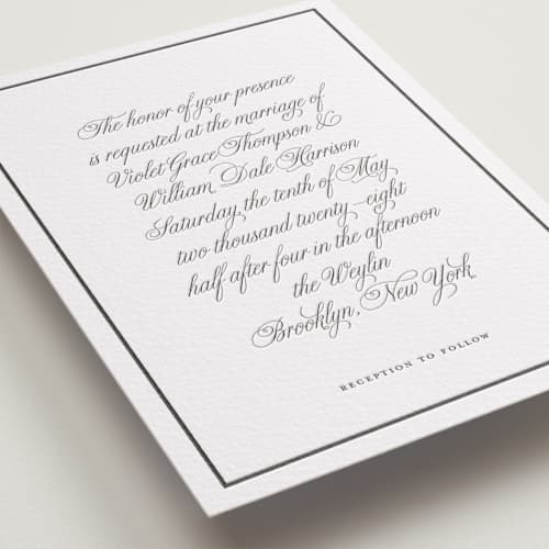 This is a soft black letterpress wedding invitations with letterpress by mo kelley called the day printing on white cotton in standard