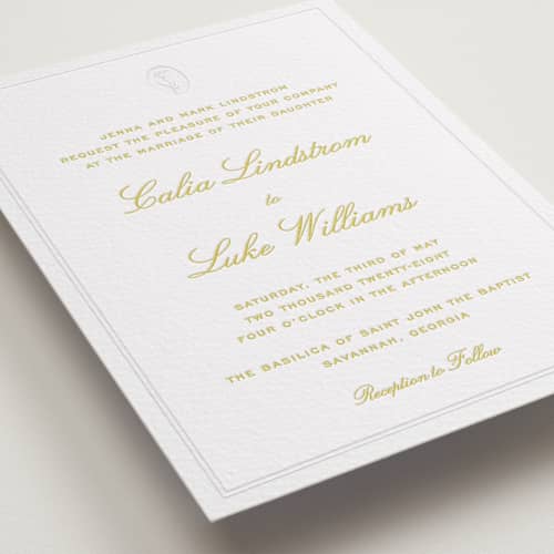 This is a chartreuse letterpress wedding invitations with letterpress by Ani Somi called calia printing on white cotton in standard