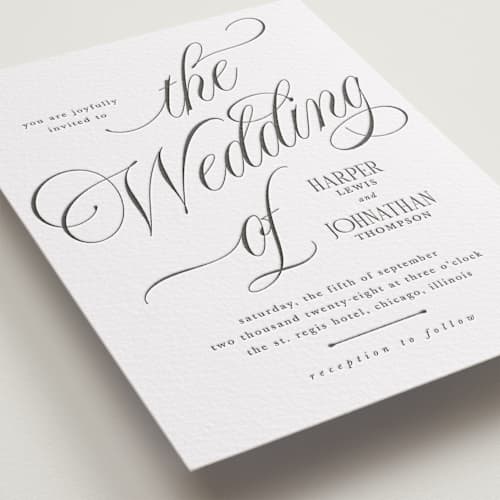 This is a soft black letterpress wedding invitations with letterpress by Kate Ahn called mirin printing on white cotton in standard