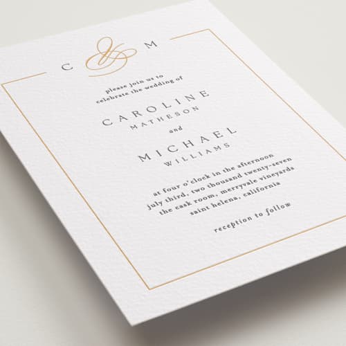 This is a saffron letterpress wedding invitations with letterpress by Kelly Schmidt called framed monogram printing on white cotton in standard