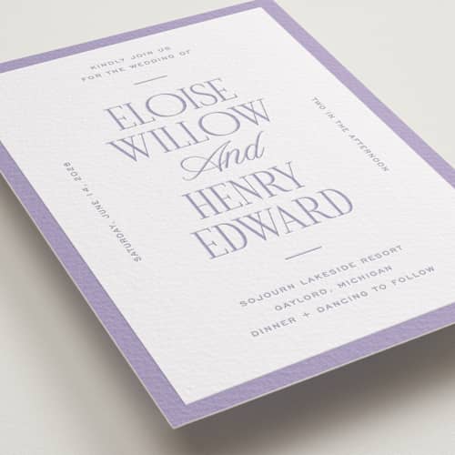 This is a lavender letterpress wedding invitations with letterpress by Pixel and Hank called threaded printing on white cotton in standard